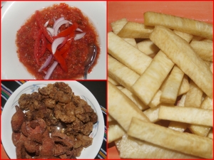 Fresh Hot pepper sauce, shown here served with Yam chips, crispy fried pork and beef.